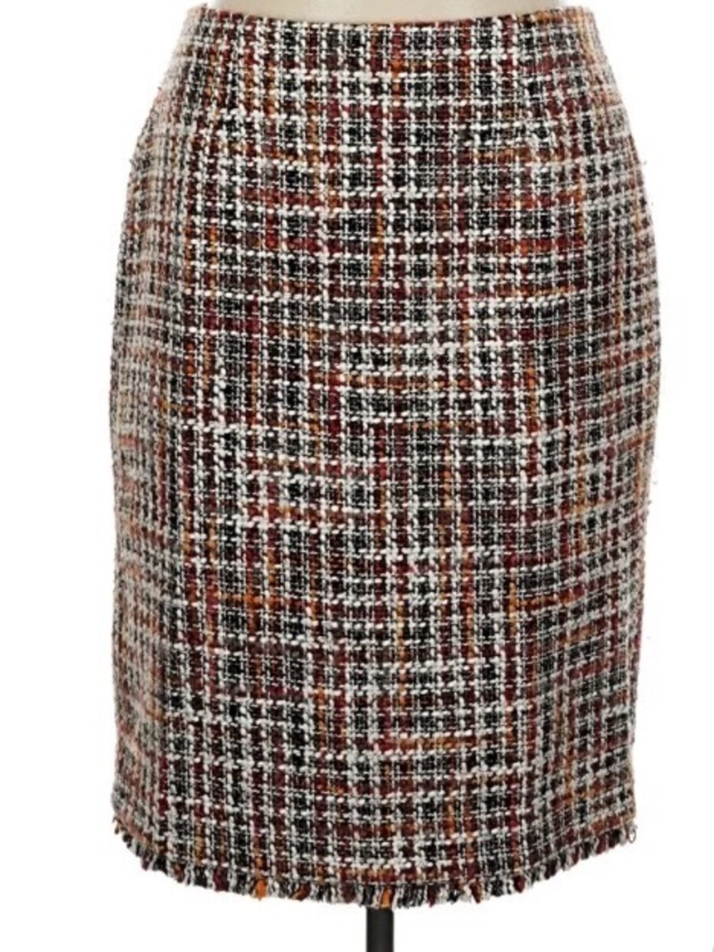 Calvin Klein Plaid Tweed Pencil Skirt Office Work Navy Tan Chestnut Brown Sz. 2